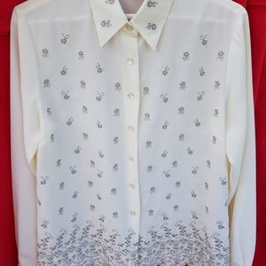 SHIP'N'SHORE BLOUSE sz 8 white w/ gray embroidery